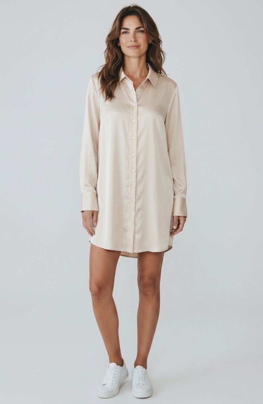 Pretty Lavish Beige Ivory Mini Satin Shirt Dress or Coverup - Size 12 / Large